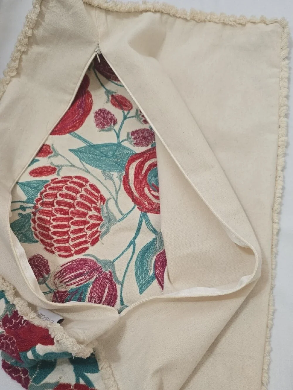 Envogue Floral Embroidered Cream Pillow Case with Teal and Red Accents